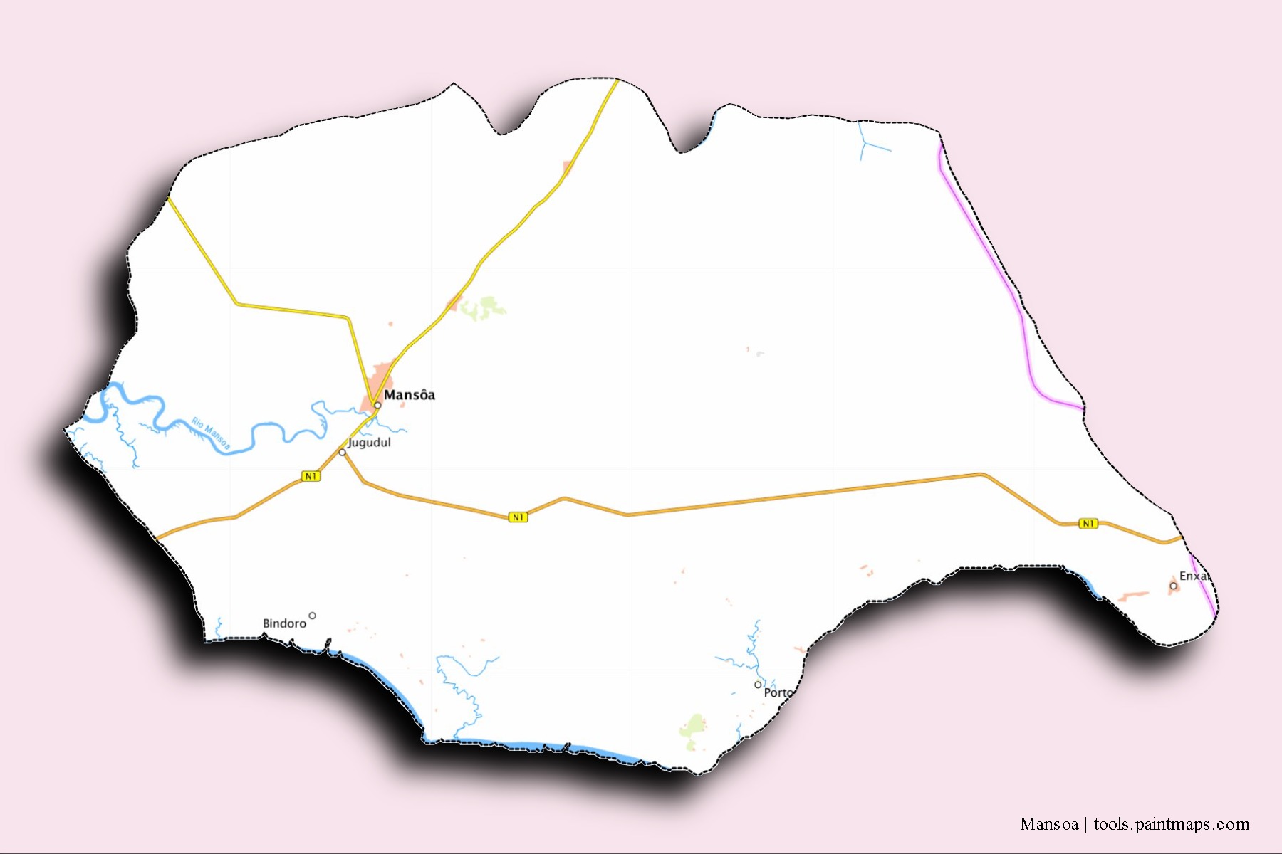 Mapa de barrios y pueblos de Mansoa con efecto de sombra 3D