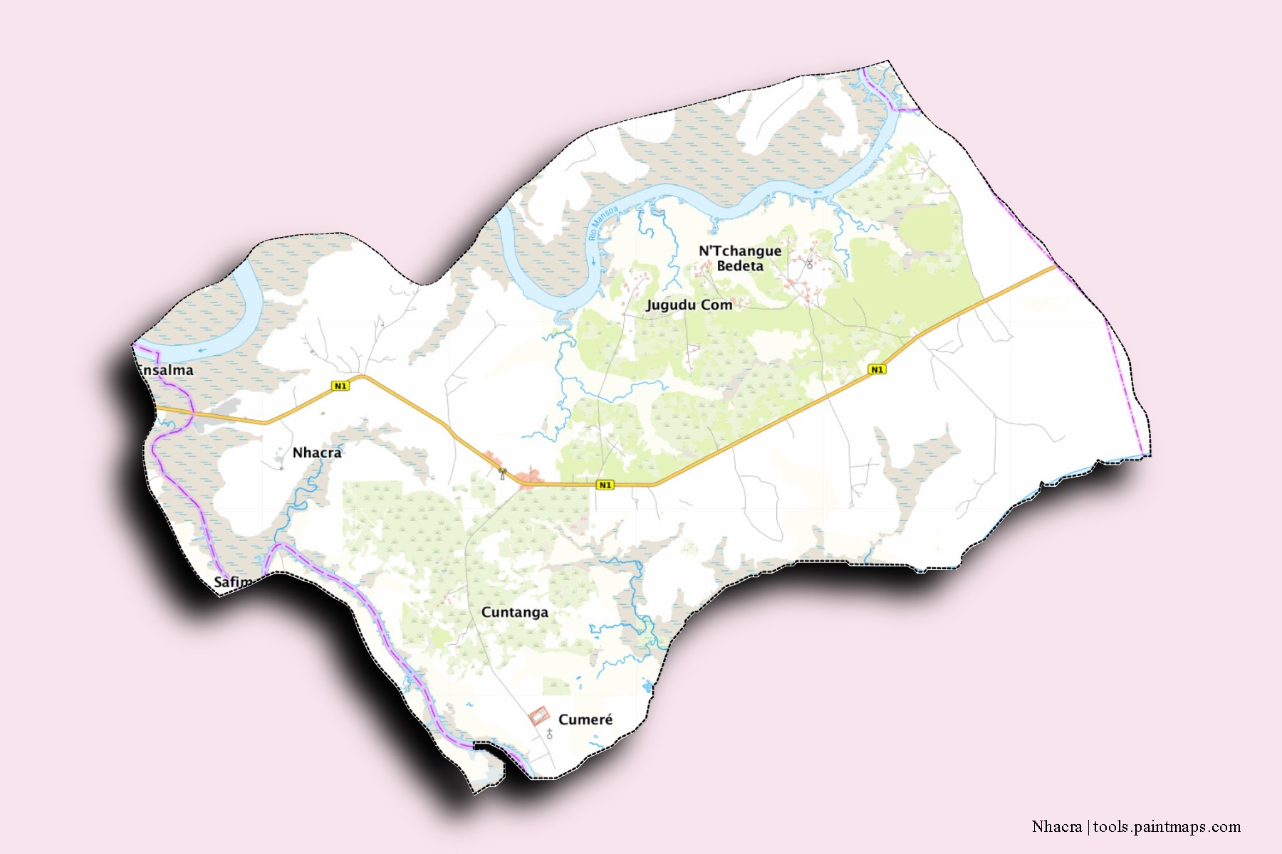 Mapa de barrios y pueblos de Nhacra con efecto de sombra 3D