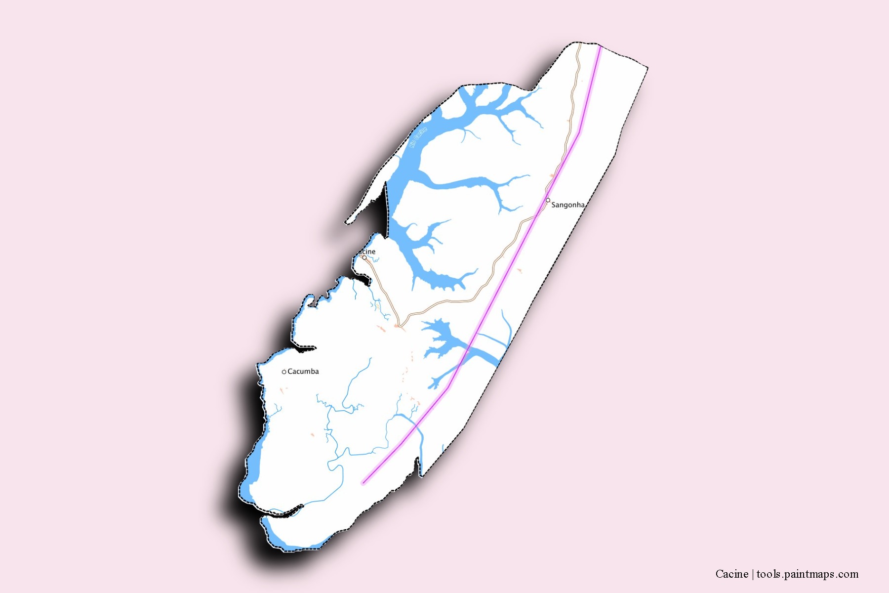 Mapa de barrios y pueblos de Cacine con efecto de sombra 3D