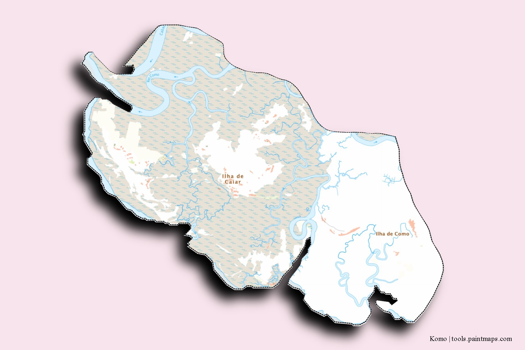 Mapa de barrios y pueblos de Komo con efecto de sombra 3D