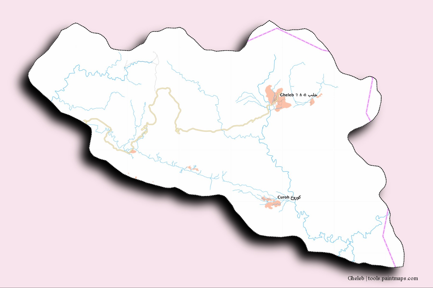 Mapa de barrios y pueblos de Gheleb con efecto de sombra 3D