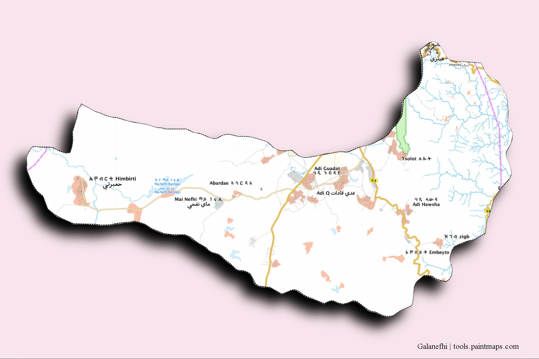 Ghala Nefhi neighborhoods and villages map with 3D shadow effect