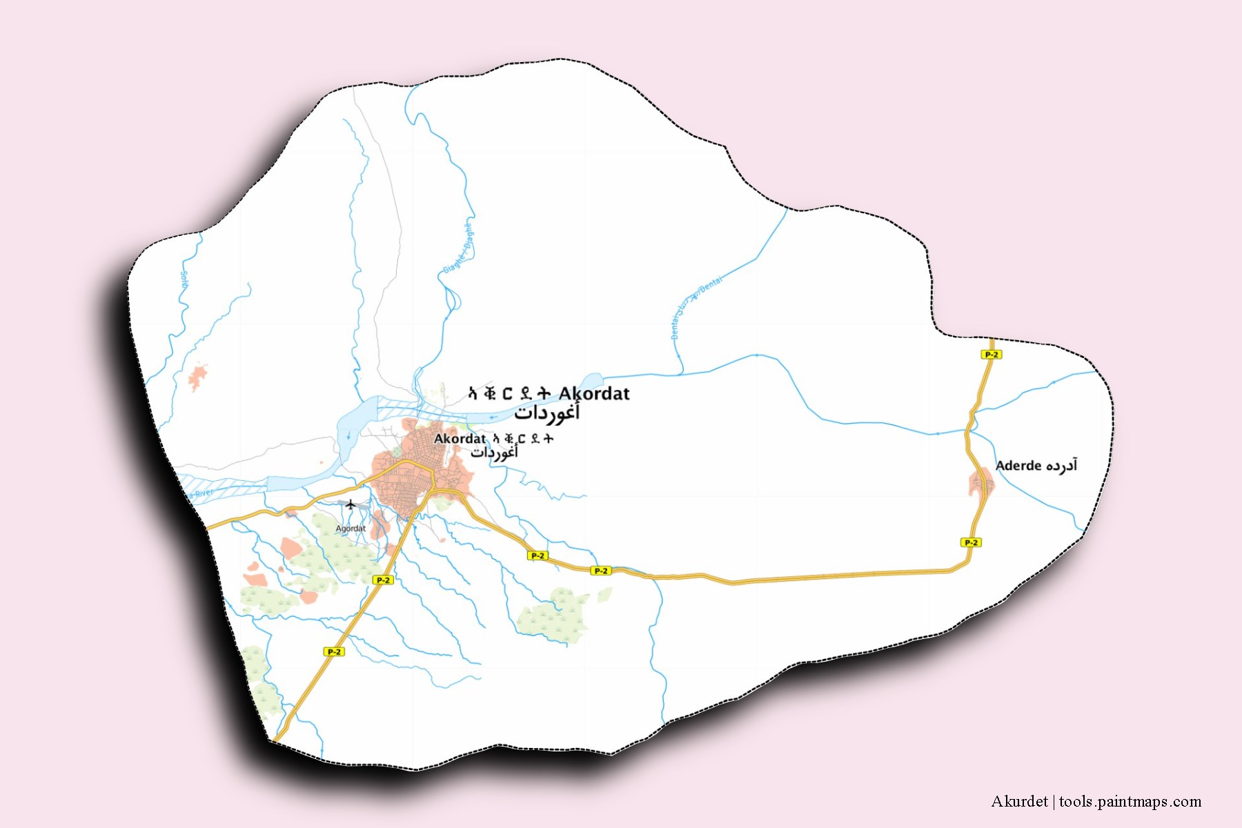 Akurdet City neighborhoods and villages map with 3D shadow effect