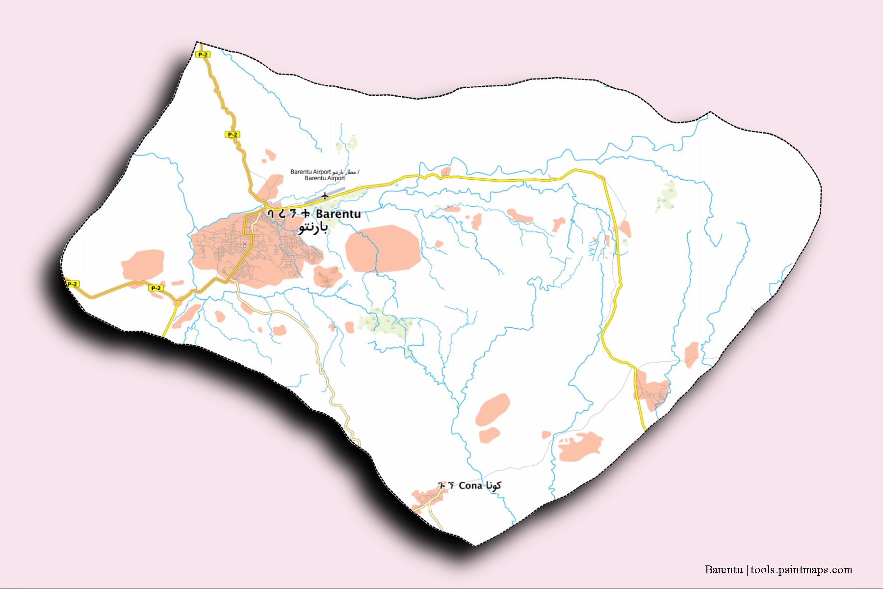 Barentu City neighborhoods and villages map with 3D shadow effect