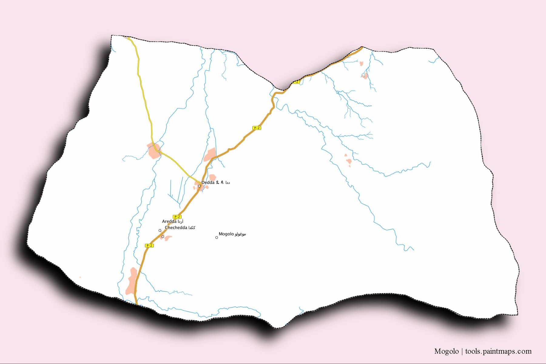 Mapa de barrios y pueblos de Mogolo con efecto de sombra 3D