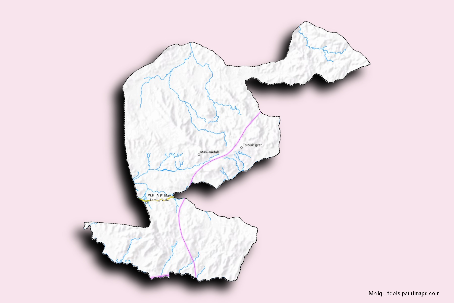 Molqi neighborhoods and villages map with 3D shadow effect