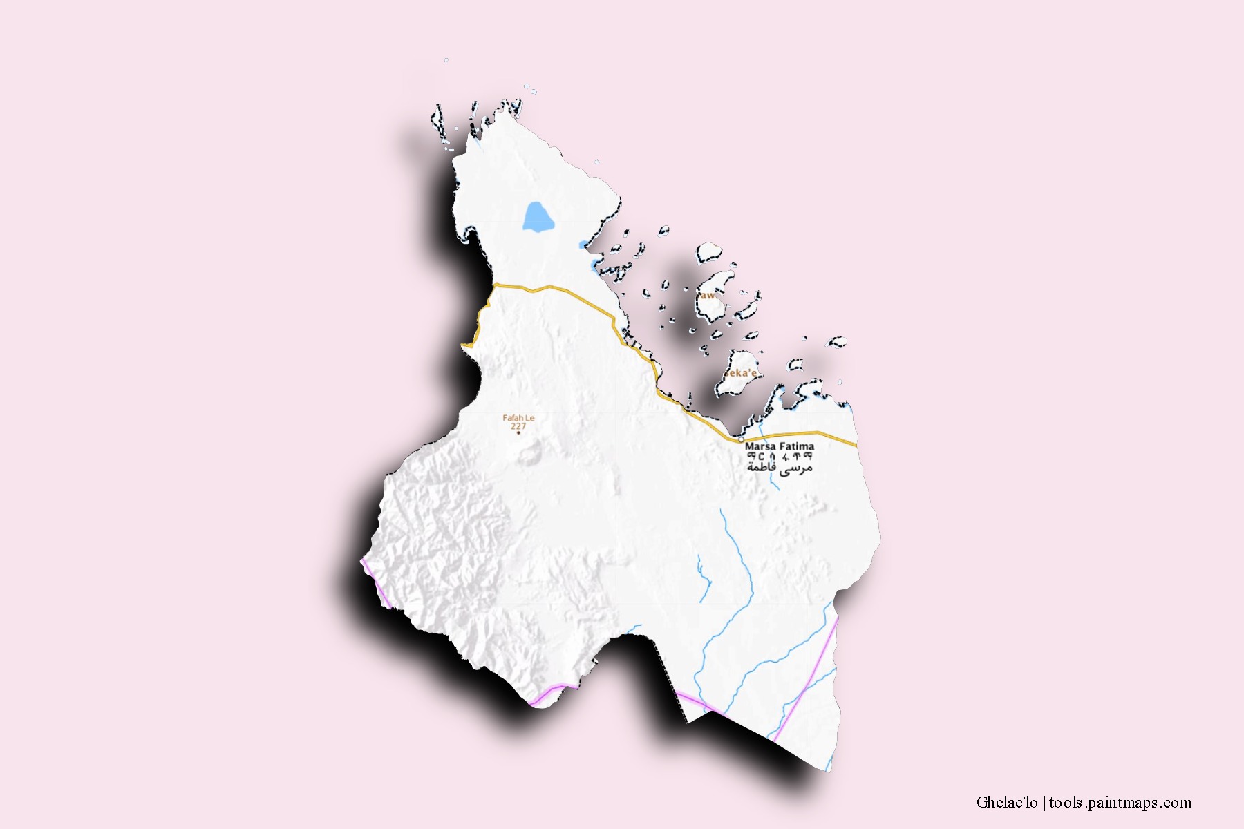 Ghela'elo neighborhoods and villages map with 3D shadow effect