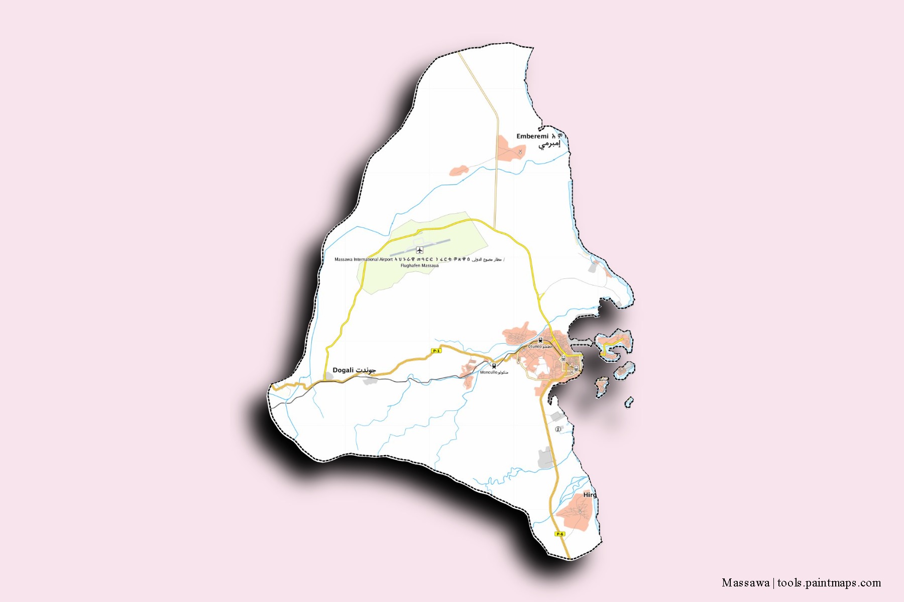 Massawa neighborhoods and villages map with 3D shadow effect