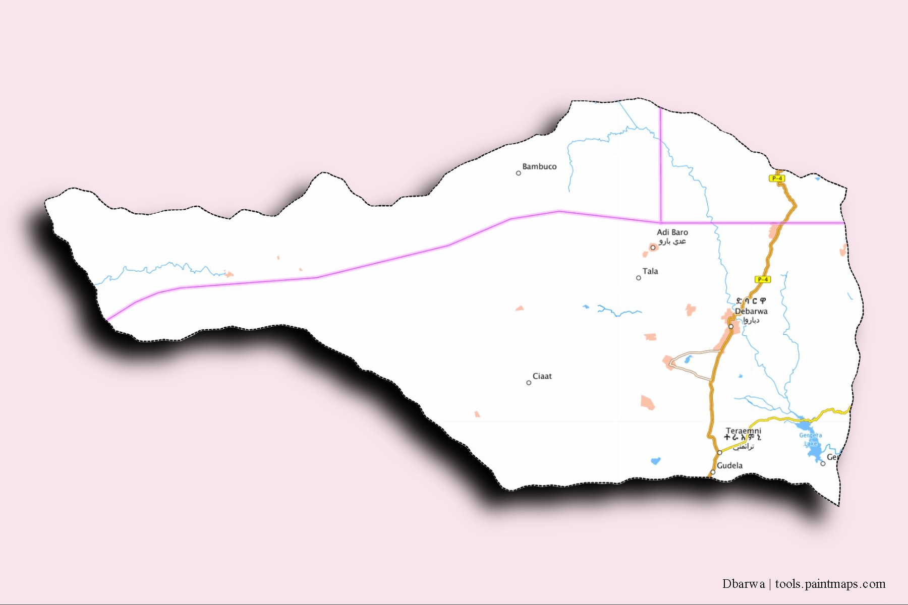 Mapa de barrios y pueblos de Dbarwa con efecto de sombra 3D