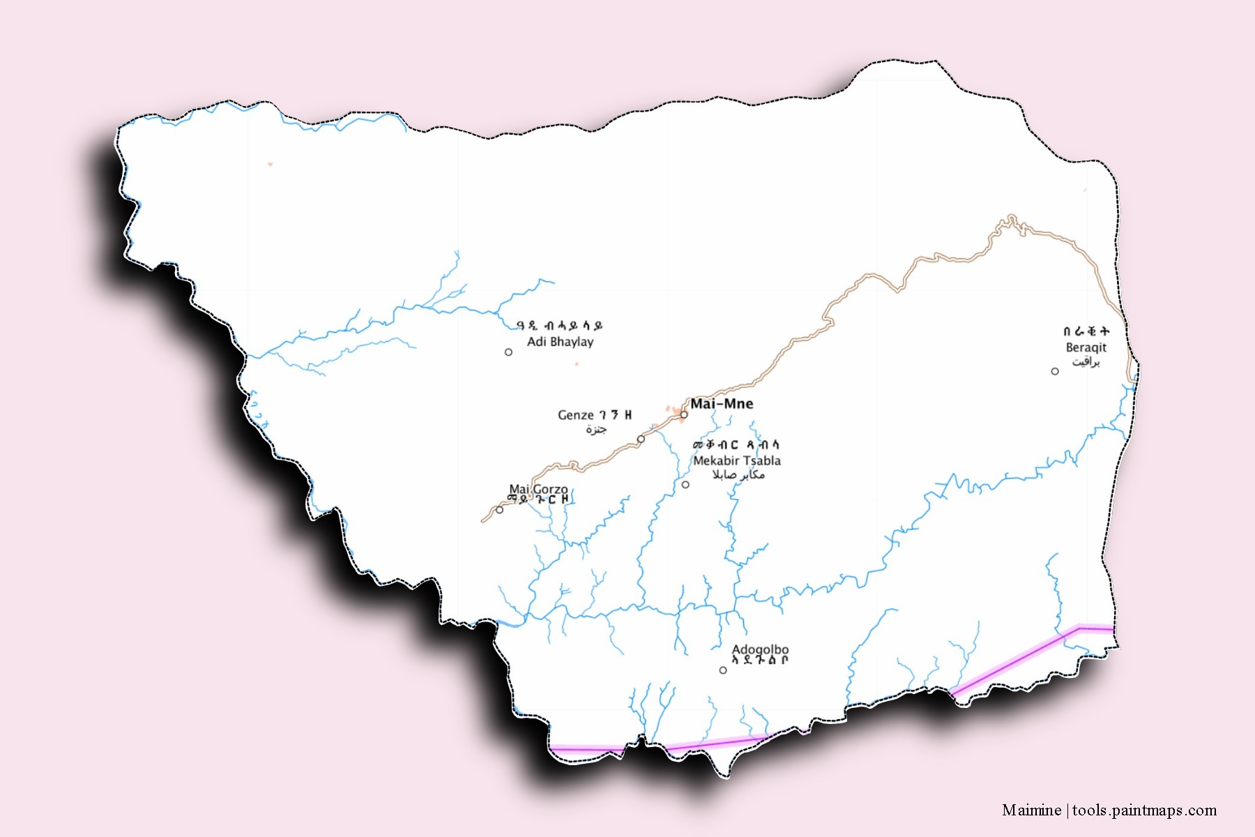 Mapa de barrios y pueblos de Maimine con efecto de sombra 3D