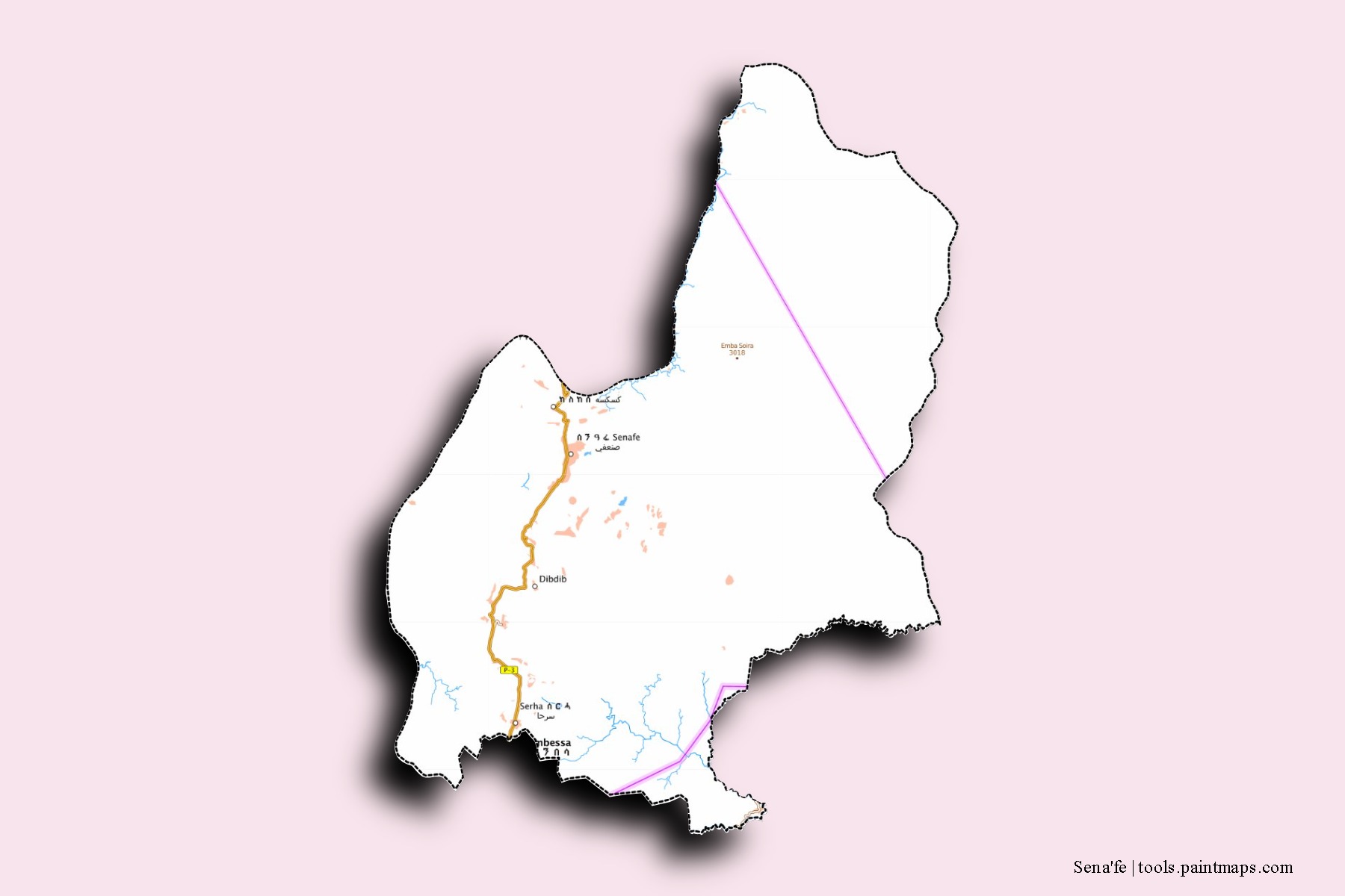 Mapa de barrios y pueblos de Sena'fe con efecto de sombra 3D