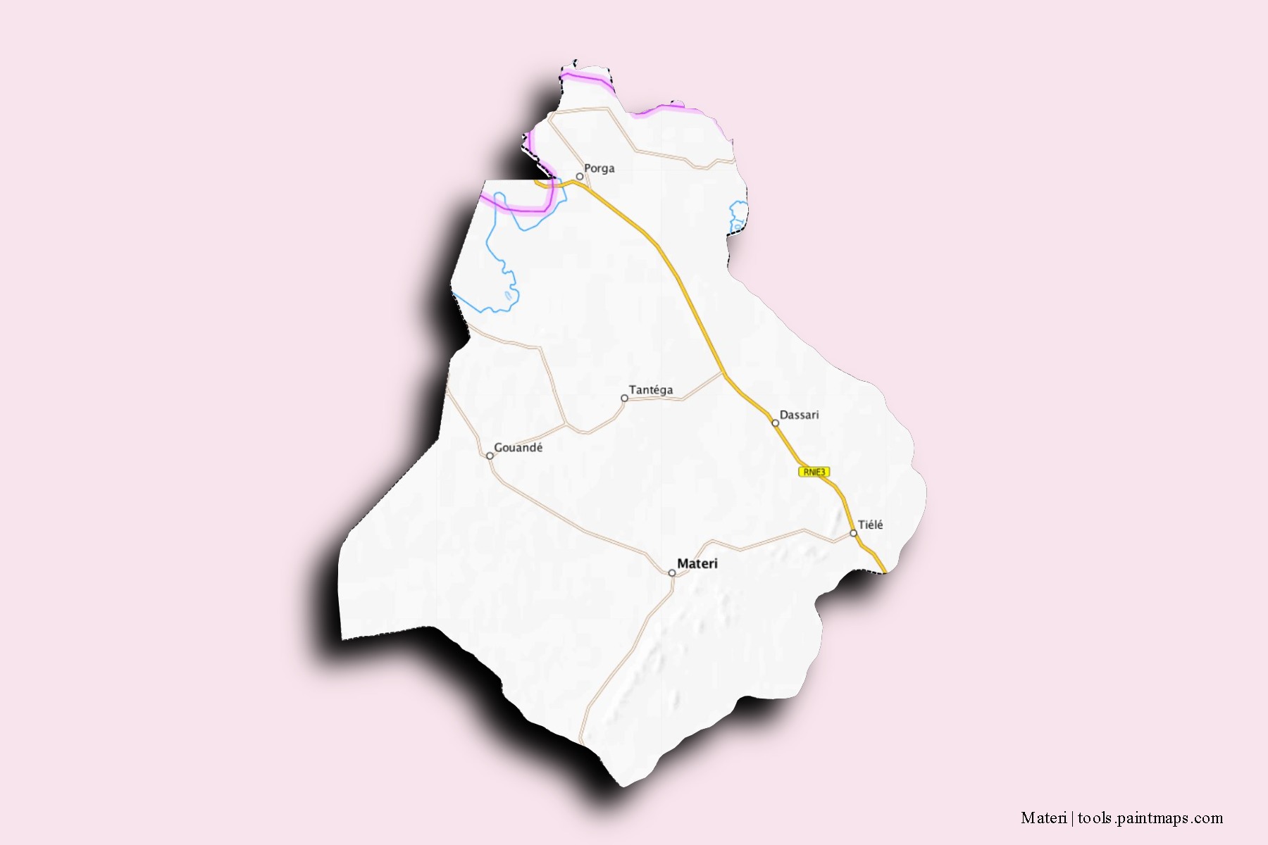 Mapa de barrios y pueblos de Materi con efecto de sombra 3D