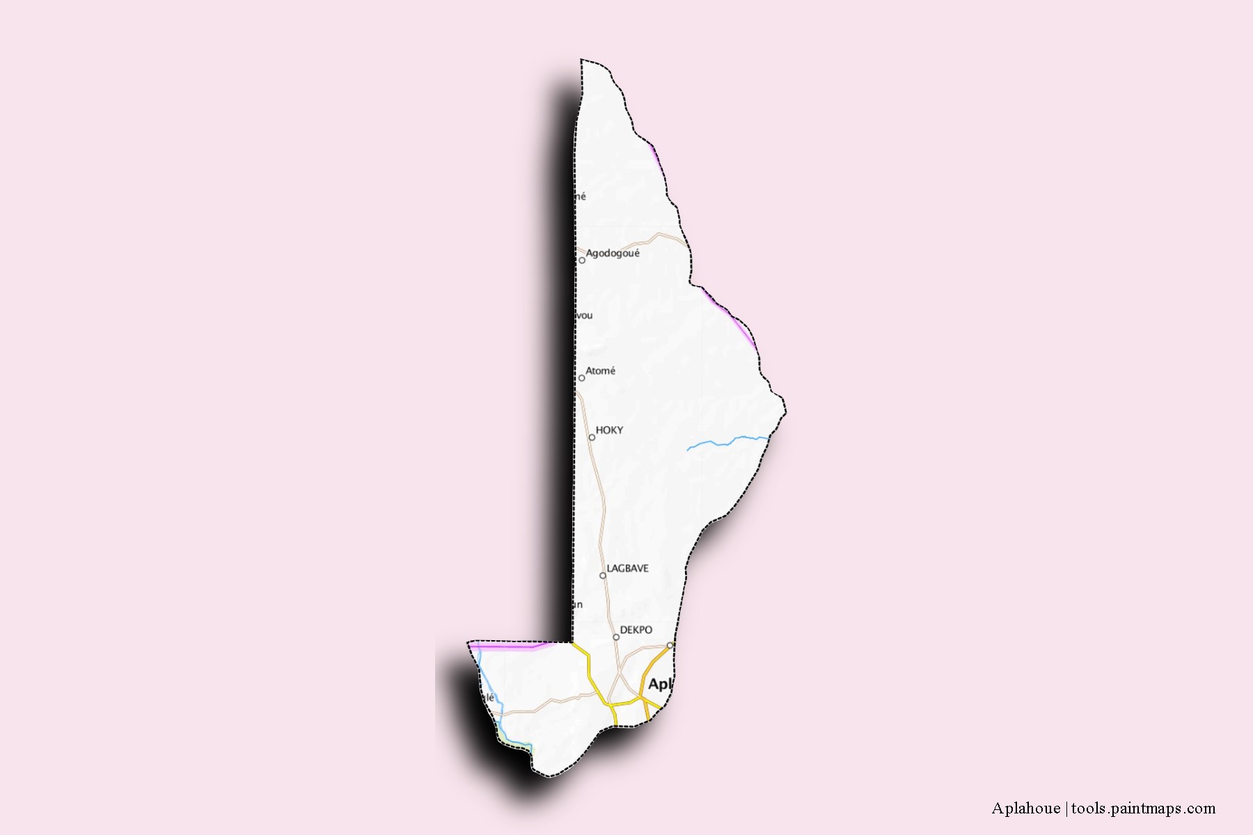 3D gölge efektli Aplahoue mahalleleri ve köyleri haritası