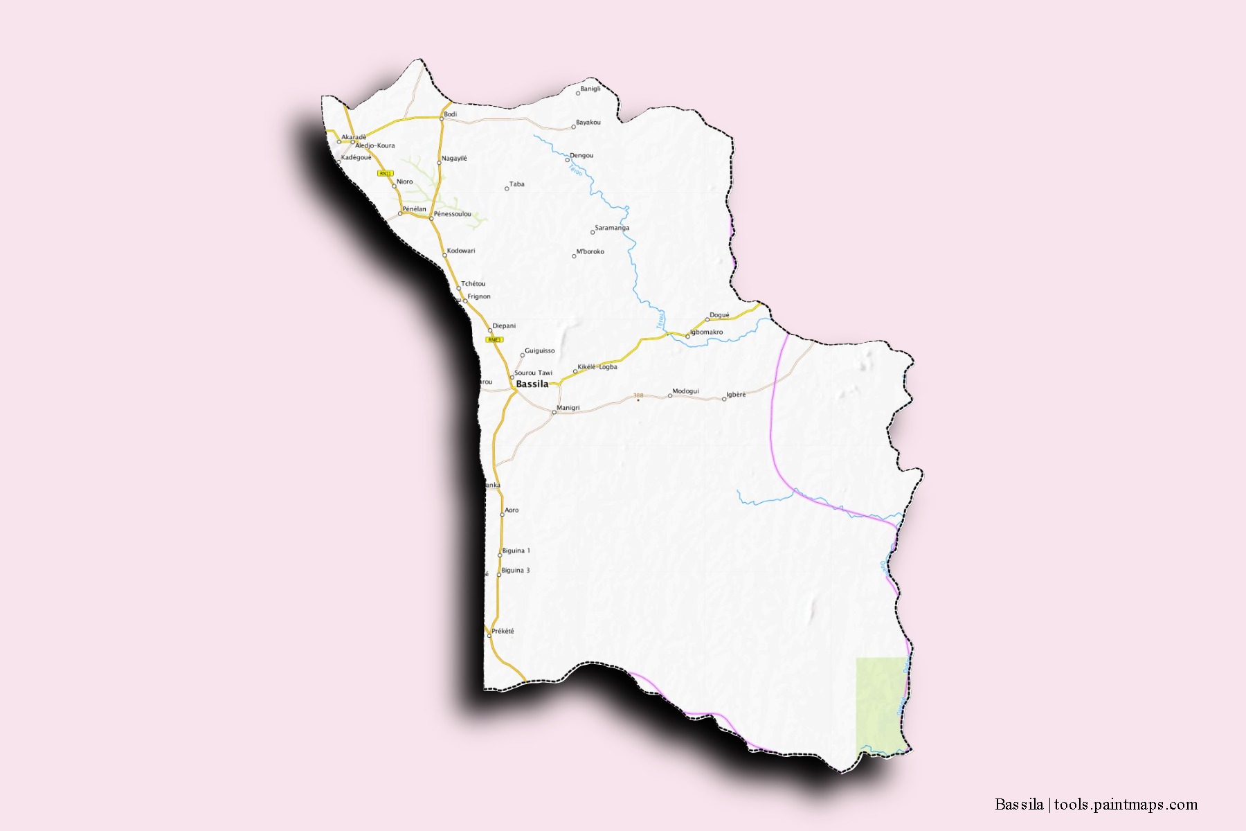 Mapa de barrios y pueblos de Bassila con efecto de sombra 3D