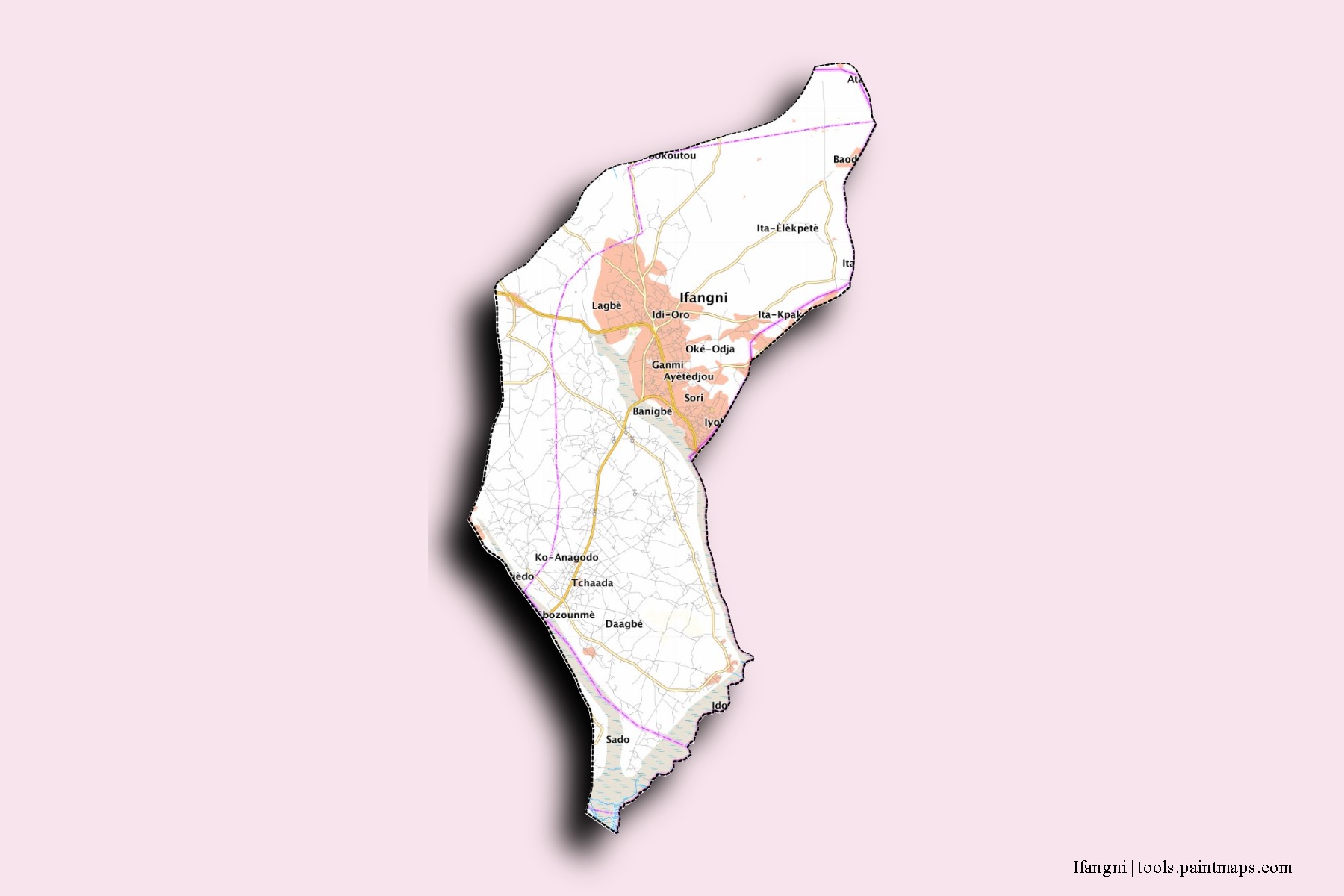 Mapa de barrios y pueblos de Ifangni con efecto de sombra 3D