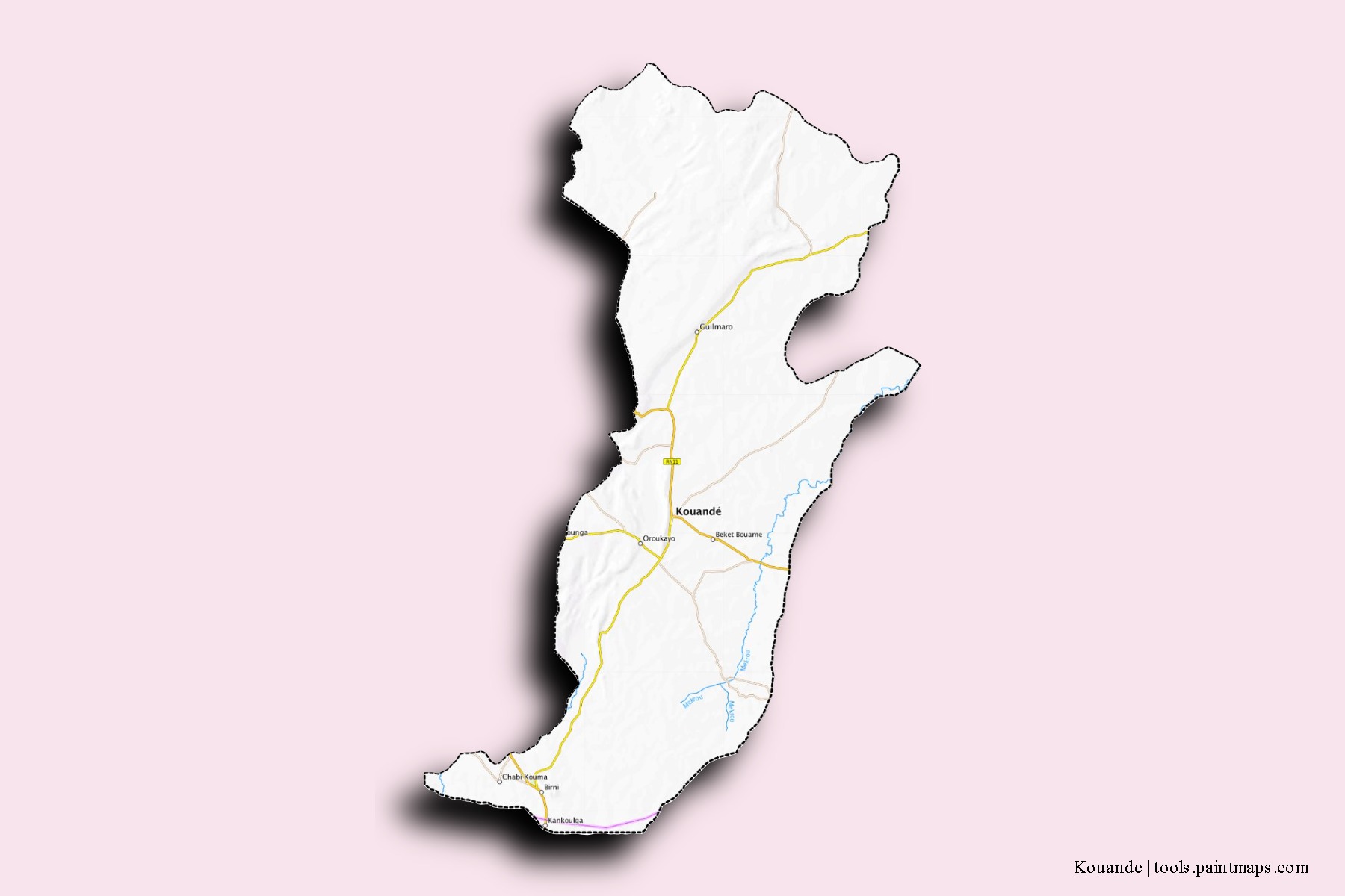 Mapa de barrios y pueblos de Kouande con efecto de sombra 3D