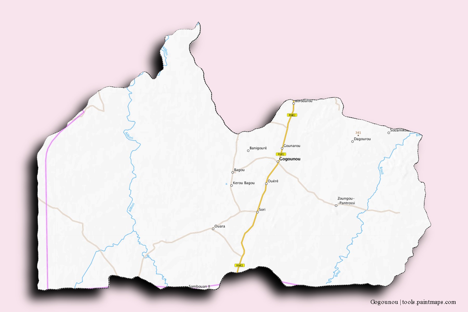 Mapa de barrios y pueblos de Gogounou con efecto de sombra 3D