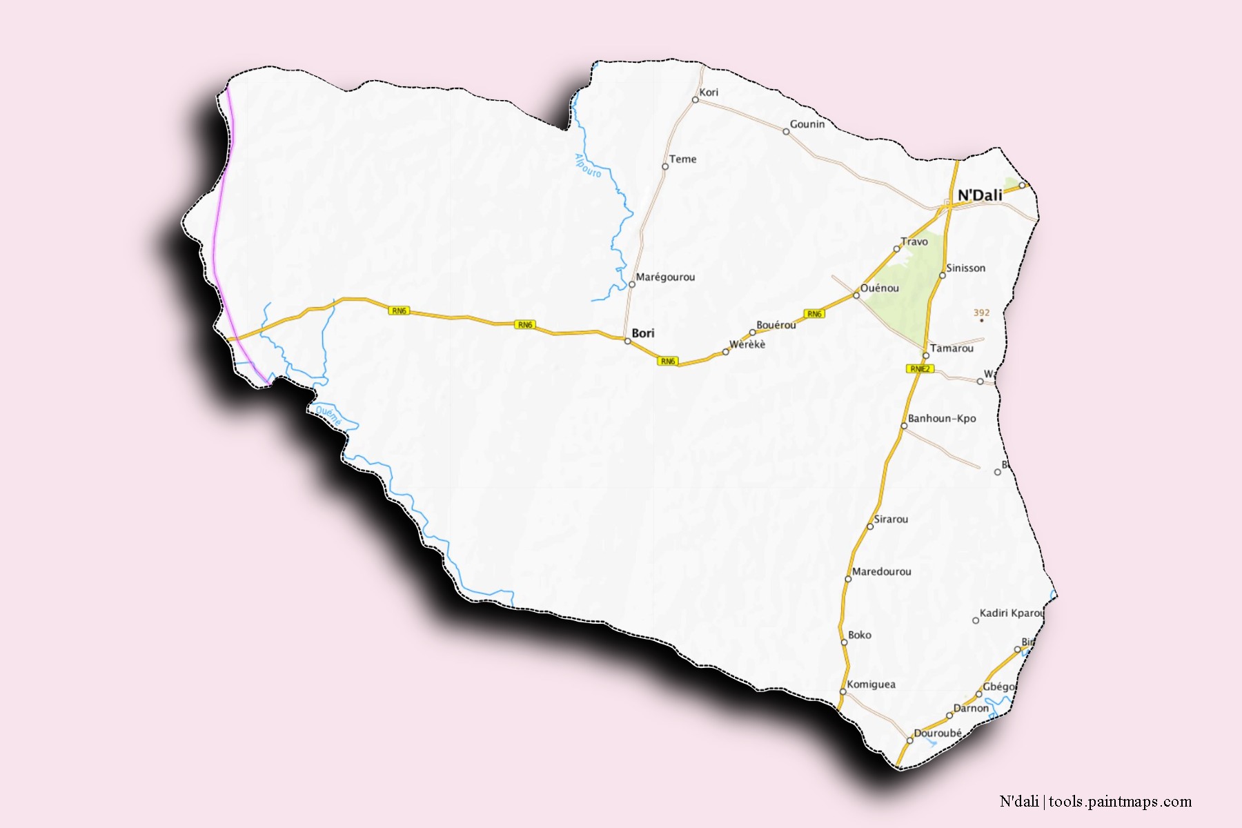 Mapa de barrios y pueblos de N'dali con efecto de sombra 3D