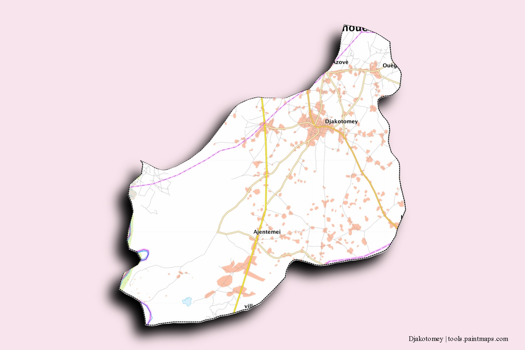 Djakotomey neighborhoods and villages map with 3D shadow effect