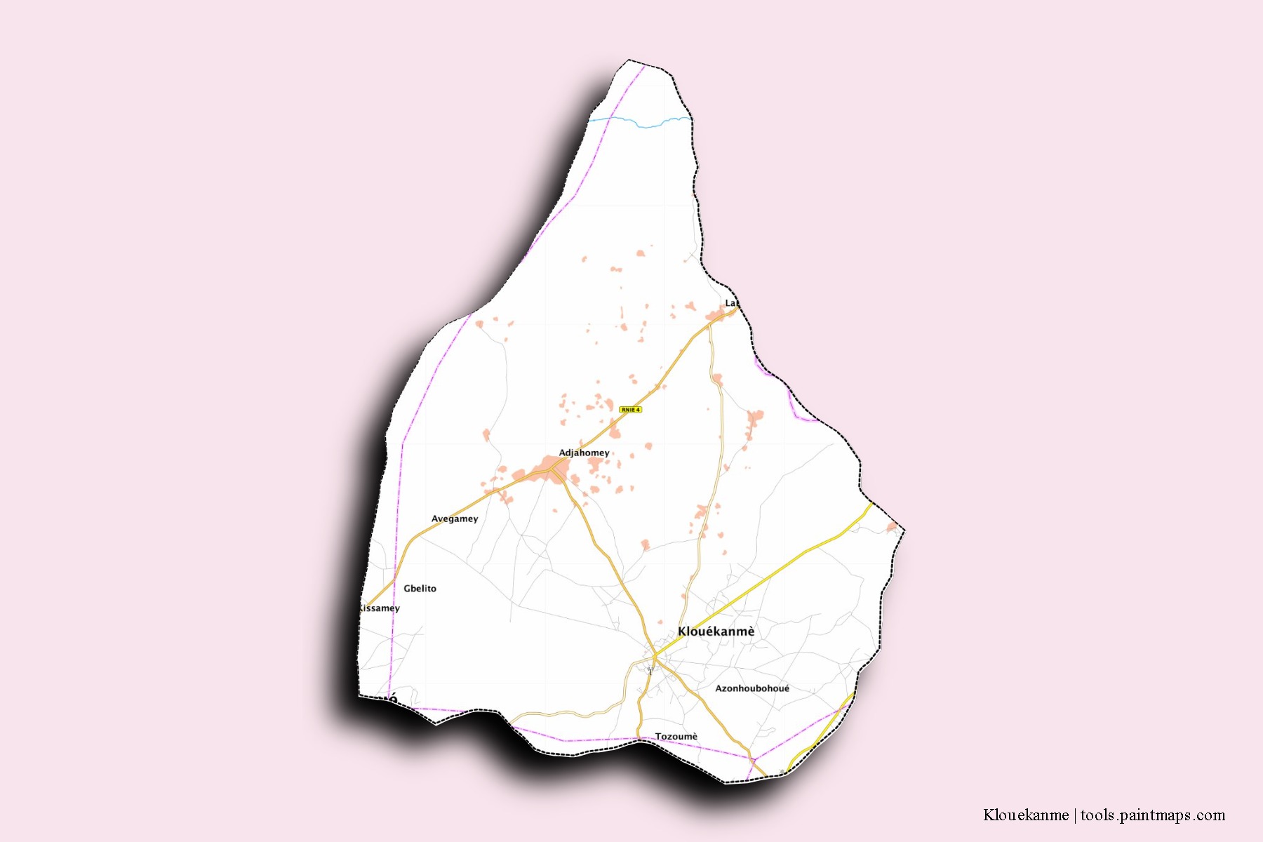 Mapa de barrios y pueblos de Klouekanme con efecto de sombra 3D