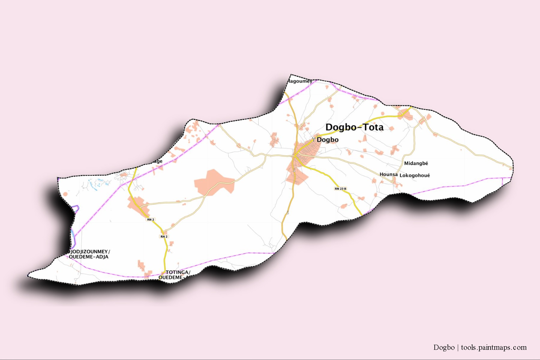 Mapa de barrios y pueblos de Dogbo con efecto de sombra 3D