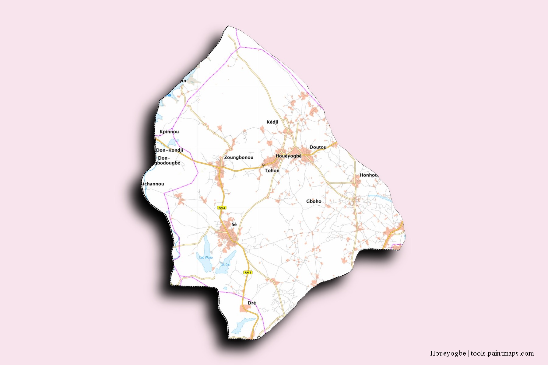 3D gölge efektli Houeyogbe mahalleleri ve köyleri haritası