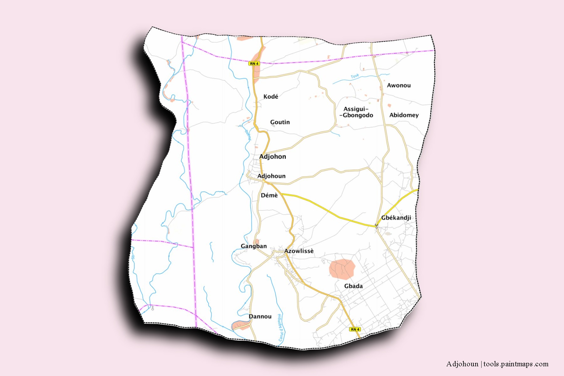 Mapa de barrios y pueblos de Adjohoun con efecto de sombra 3D