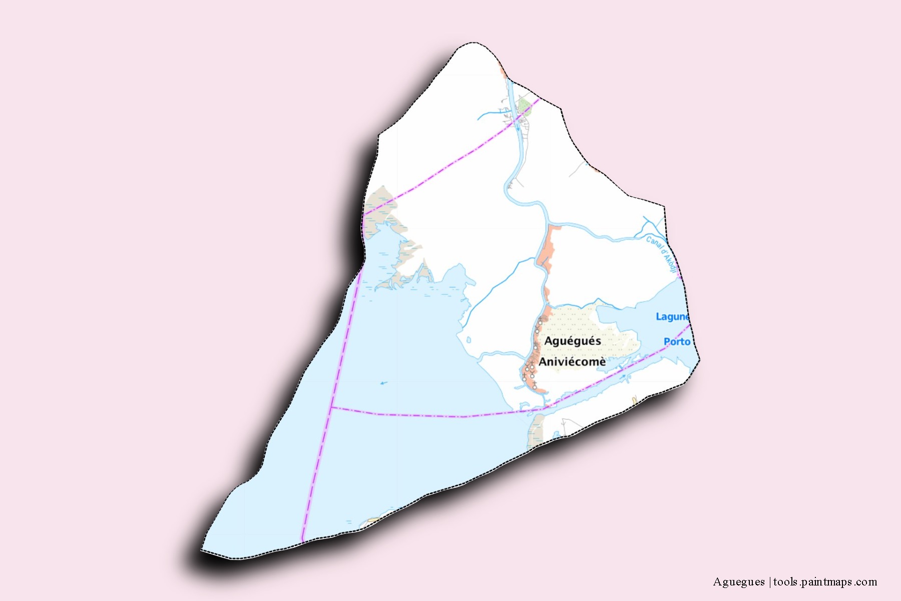 Mapa de barrios y pueblos de Aguegues con efecto de sombra 3D