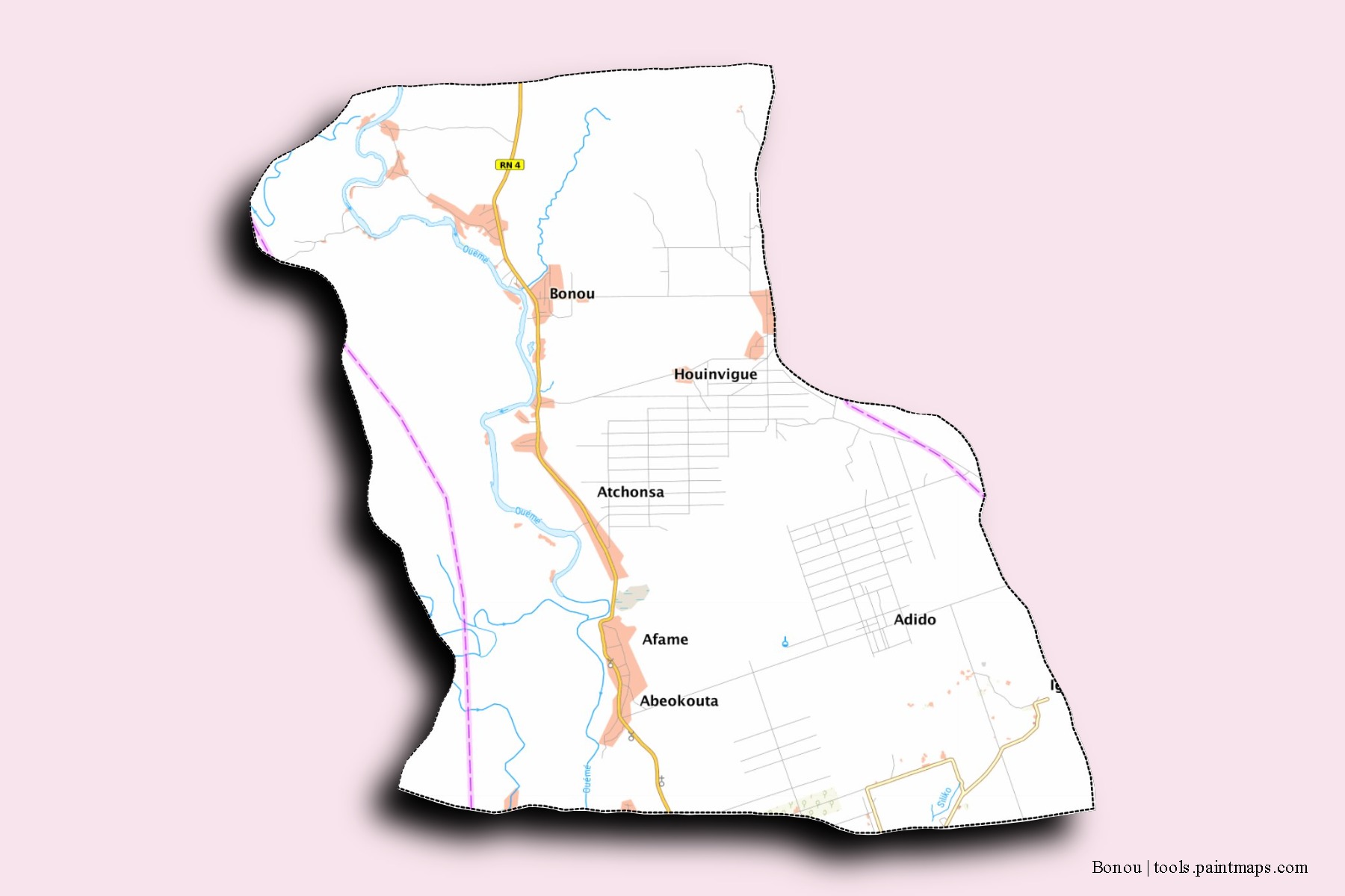 Mapa de barrios y pueblos de Bonou con efecto de sombra 3D