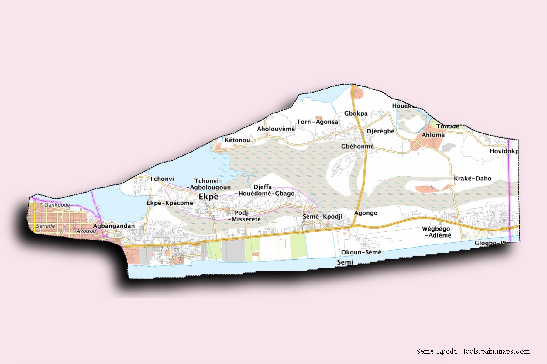 Sèmè-Kpodji neighborhoods and villages map with 3D shadow effect