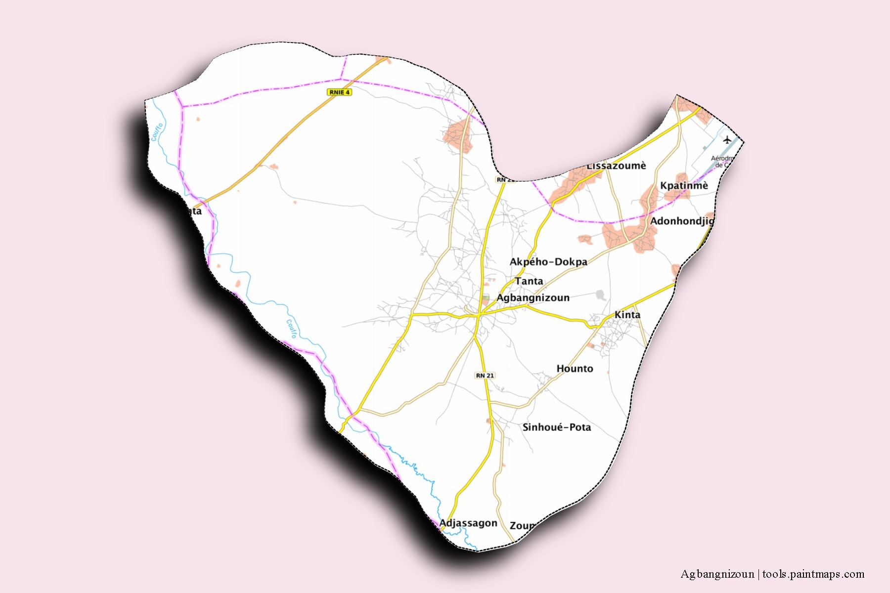 Agbangnizoun neighborhoods and villages map with 3D shadow effect