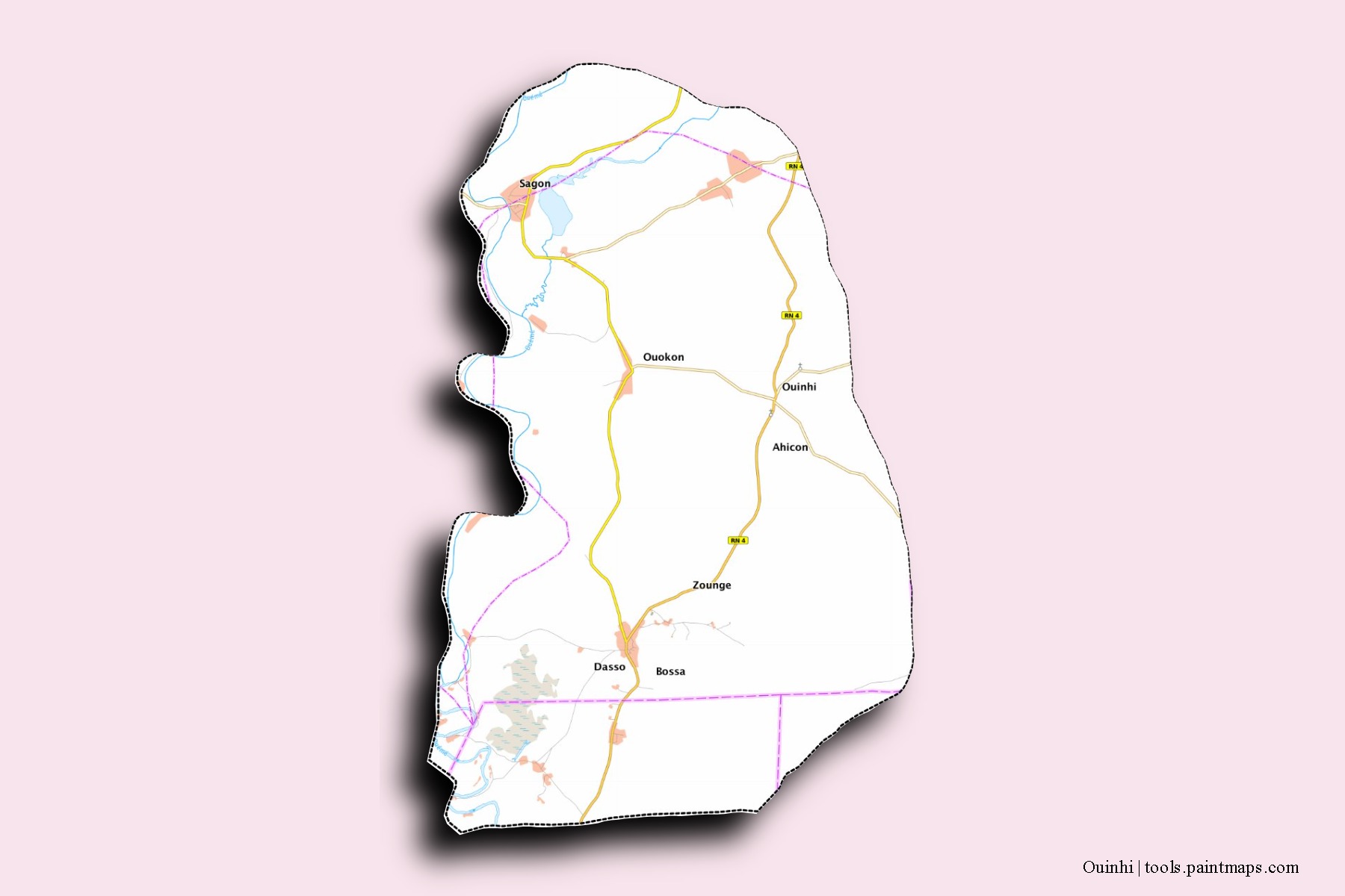 Mapa de barrios y pueblos de Ouinhi con efecto de sombra 3D