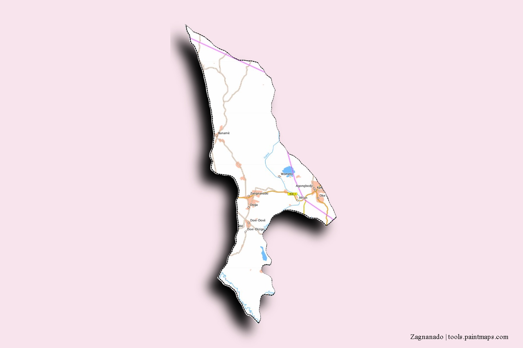 Za-Kpota neighborhoods and villages map with 3D shadow effect