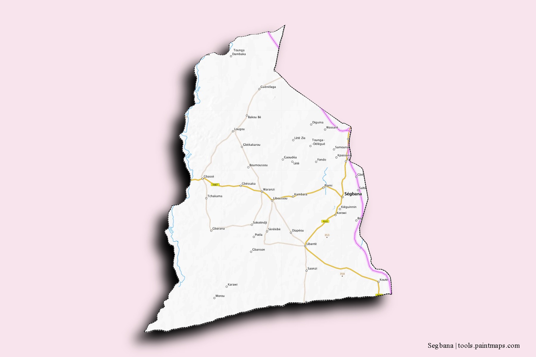 Mapa de barrios y pueblos de Segbana con efecto de sombra 3D