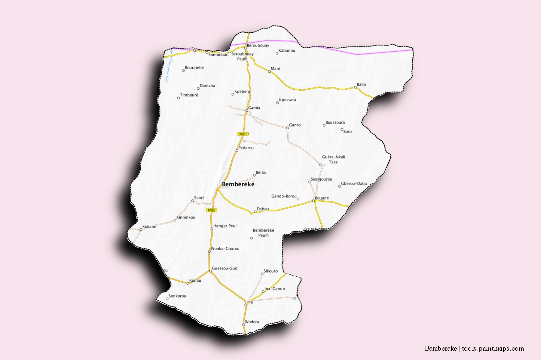 Mapa de barrios y pueblos de Bembereke con efecto de sombra 3D