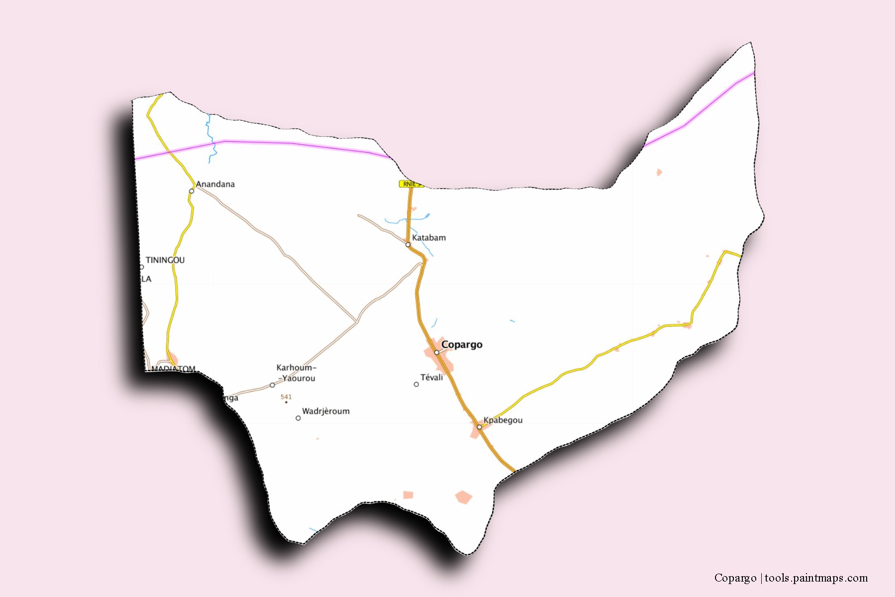 Mapa de barrios y pueblos de Copargo con efecto de sombra 3D