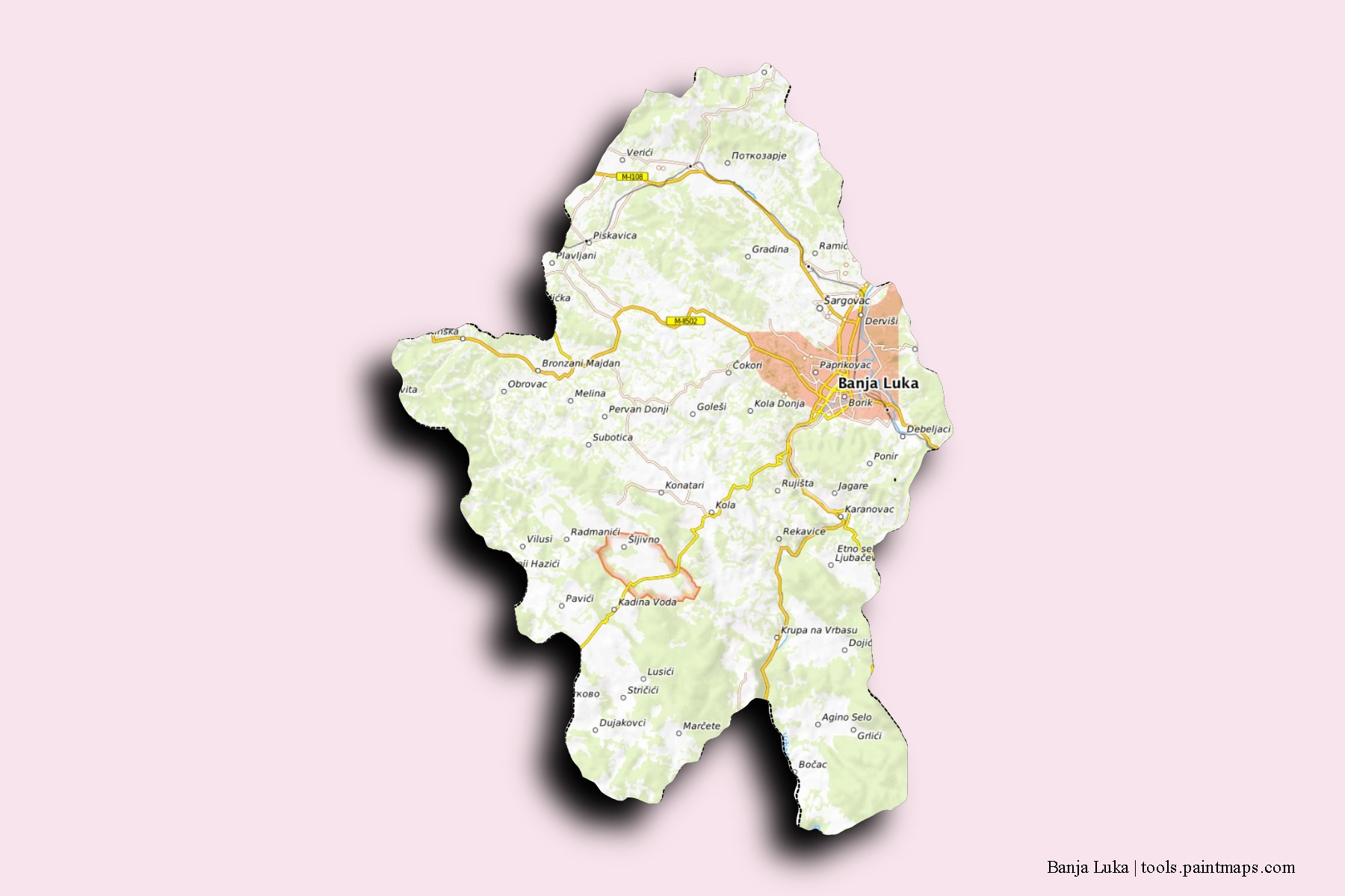 Mapa de barrios y pueblos de Banja Luka con efecto de sombra 3D