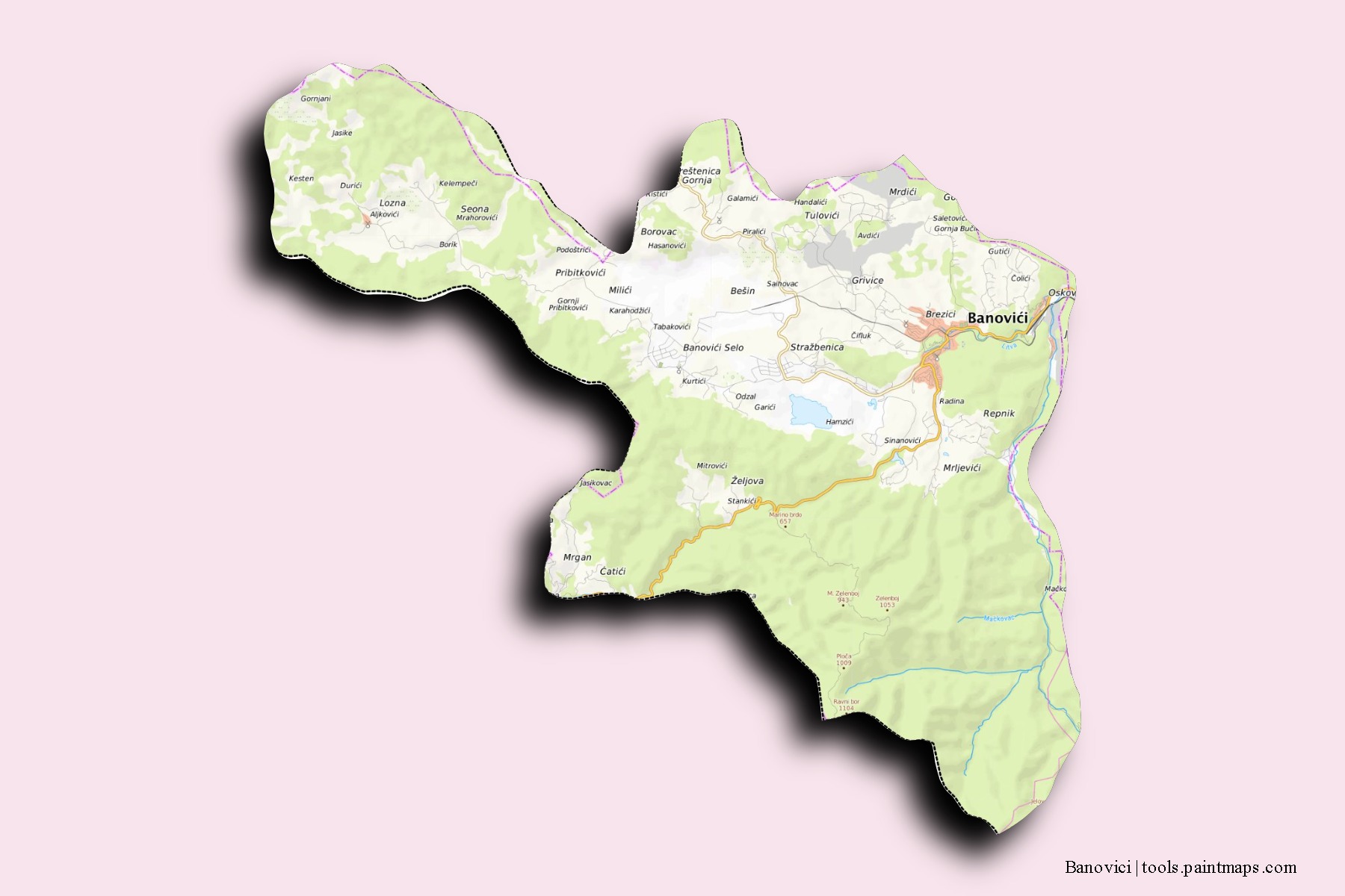 Mapa de barrios y pueblos de Banovici con efecto de sombra 3D