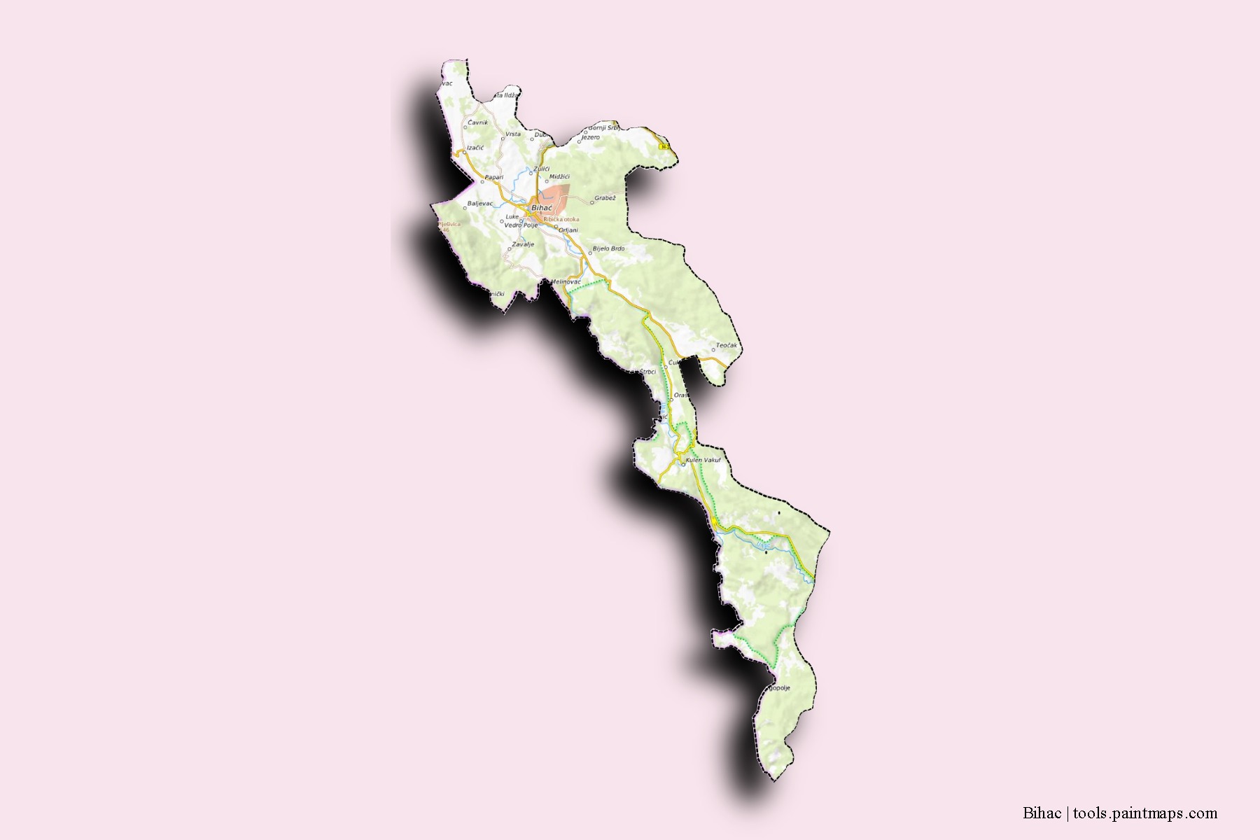 Mapa de barrios y pueblos de Bihac con efecto de sombra 3D