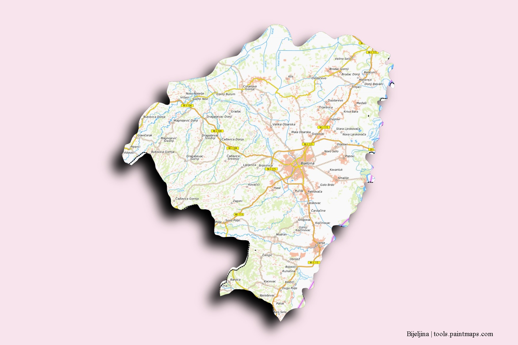 Mapa de barrios y pueblos de Bijeljina con efecto de sombra 3D