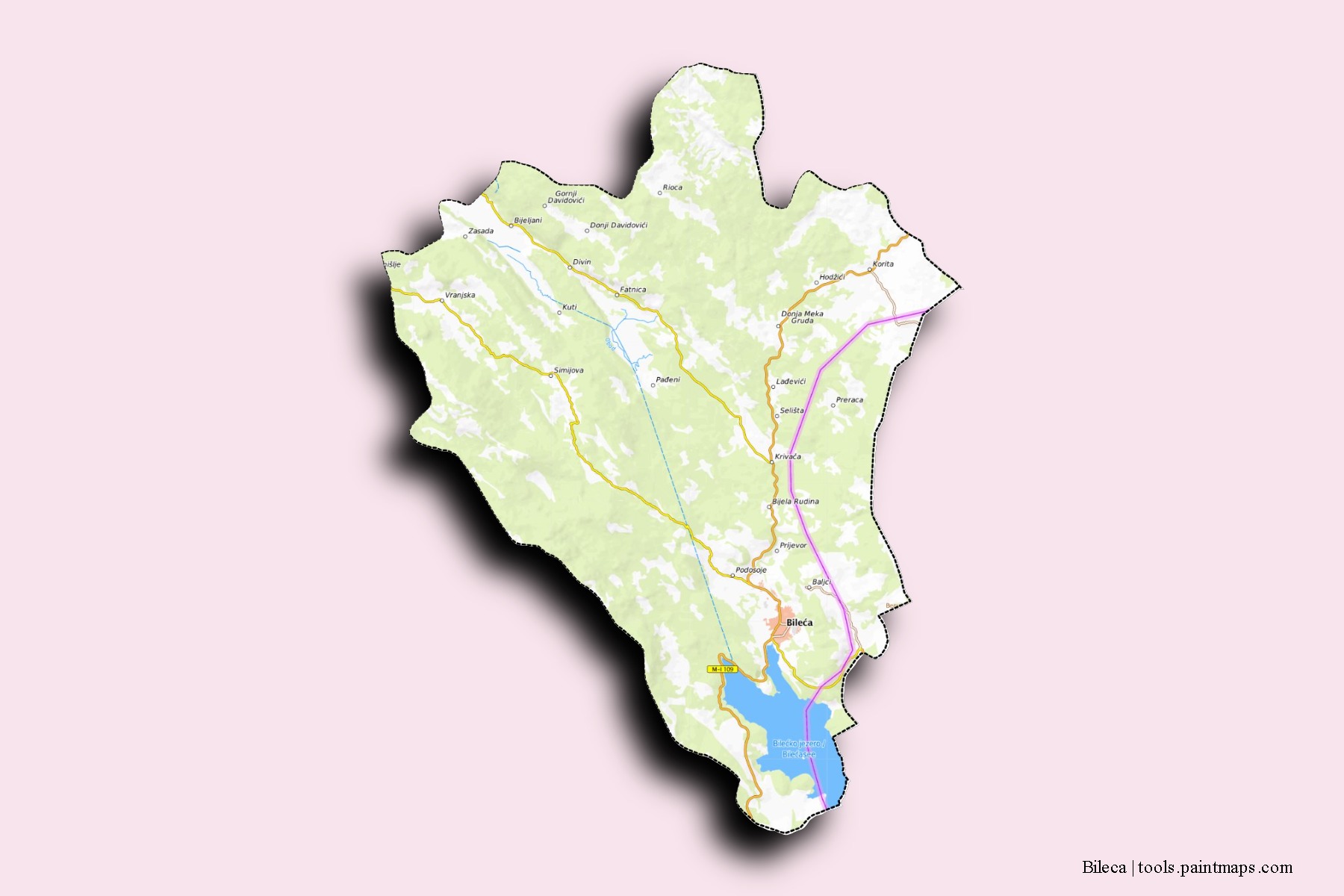 Mapa de barrios y pueblos de Bileca con efecto de sombra 3D