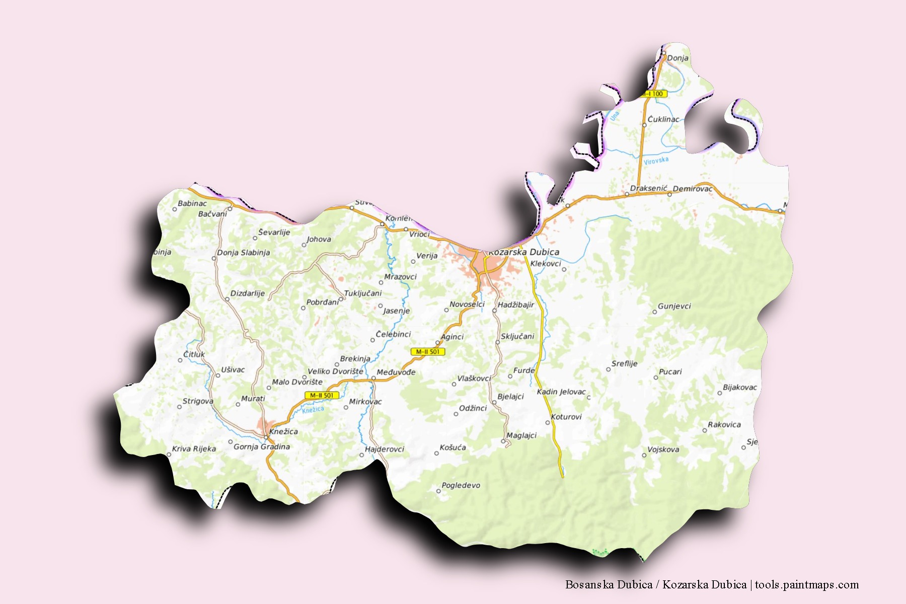 3D gölge efektli Bosanska Dubica / Kozarska Dubica mahalleleri ve köyleri haritası