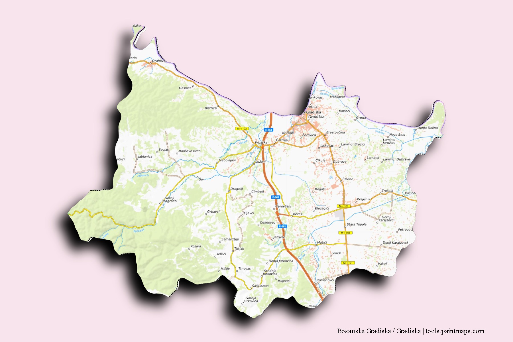 Mapa de barrios y pueblos de Bosanska Gradiska / Gradiska con efecto de sombra 3D