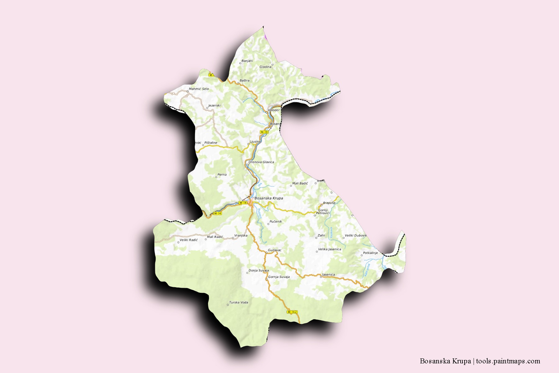 Mapa de barrios y pueblos de Bosanska Krupa con efecto de sombra 3D