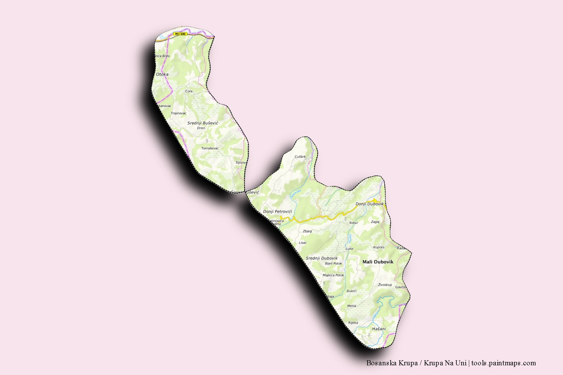 Mapa de barrios y pueblos de Bosanska Krupa / Krupa Na Uni con efecto de sombra 3D