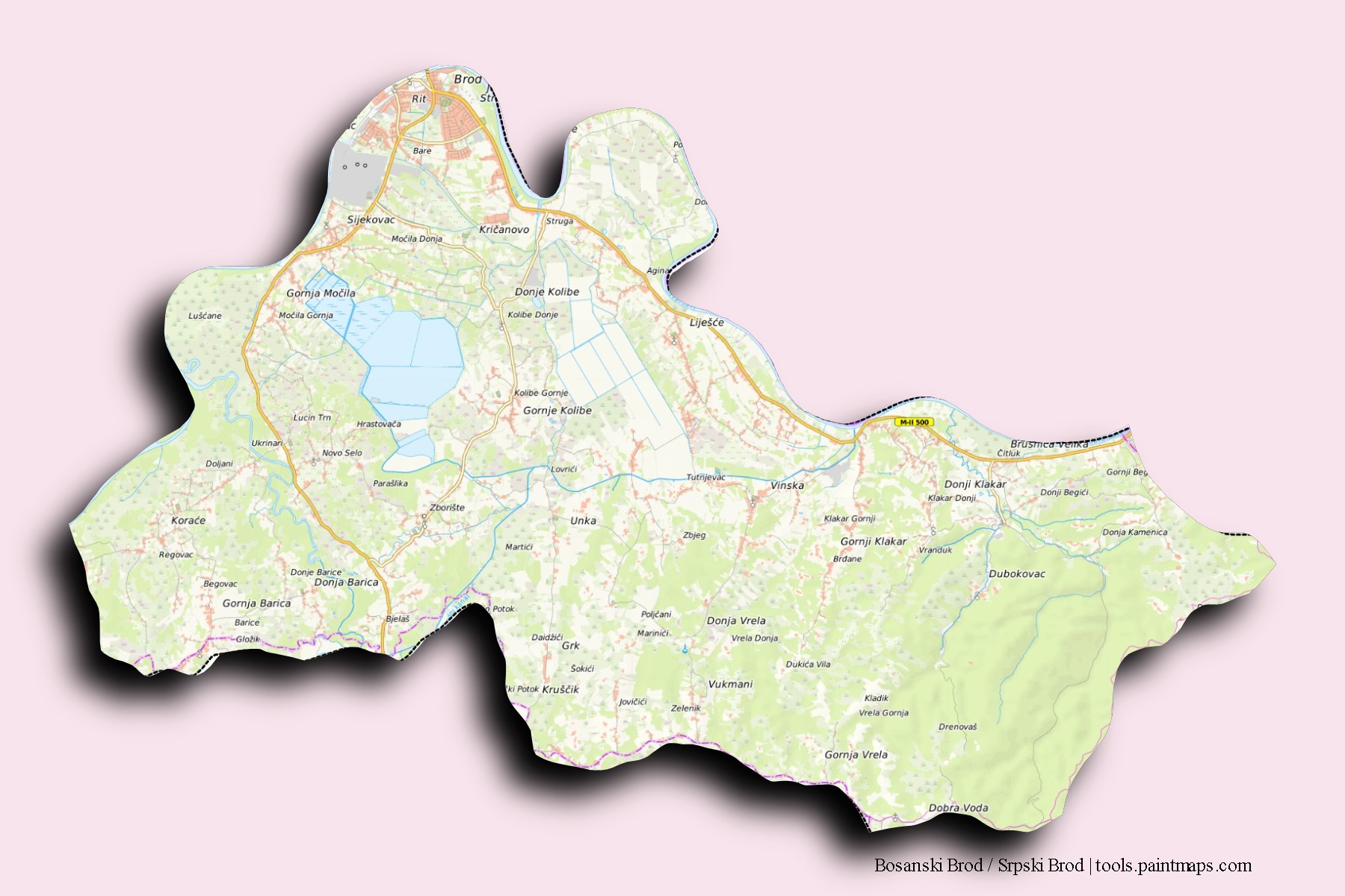 Mapa de barrios y pueblos de Bosanski Brod / Srpski Brod con efecto de sombra 3D