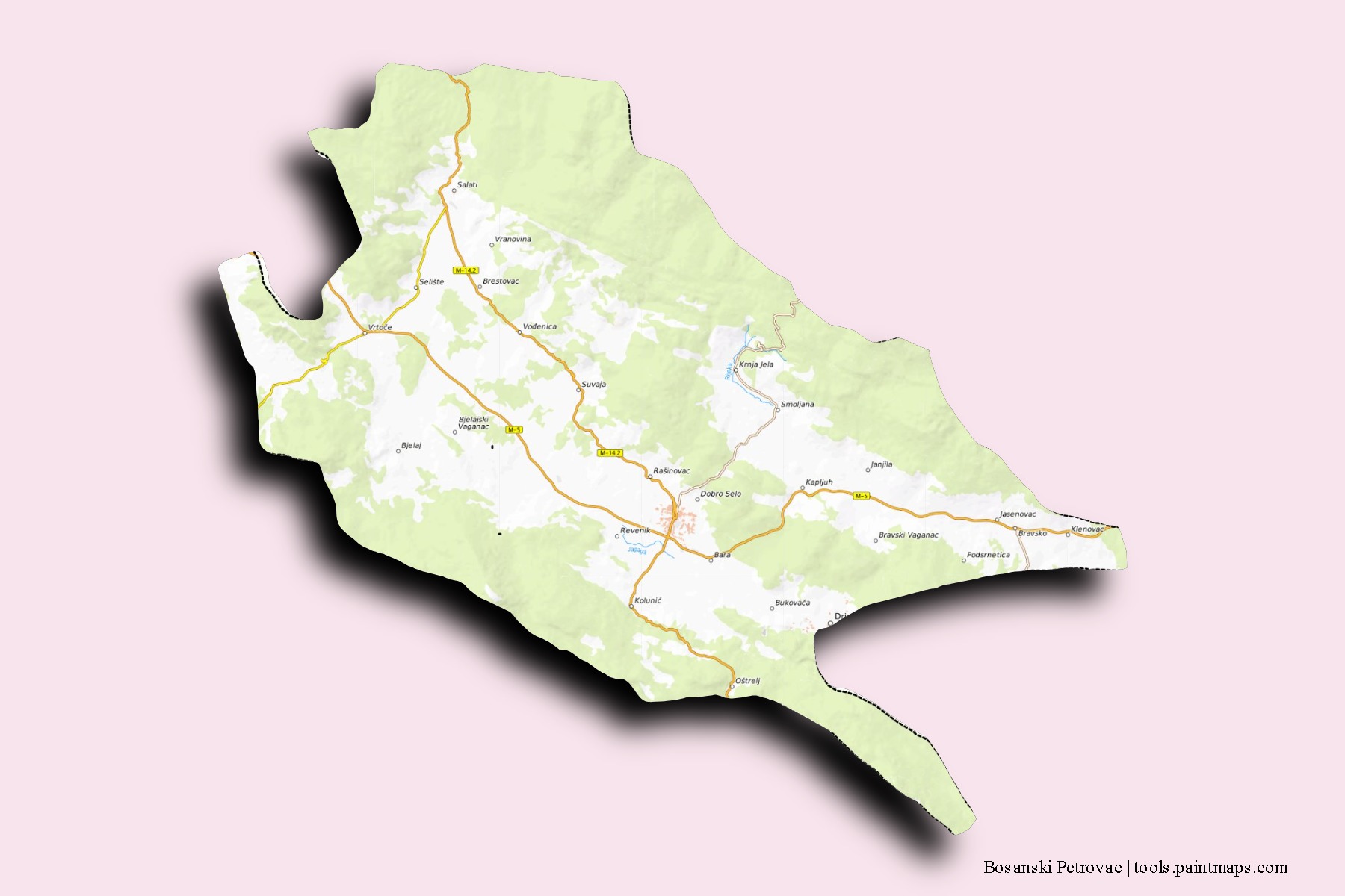 Bosanski Petrovac neighborhoods and villages map with 3D shadow effect