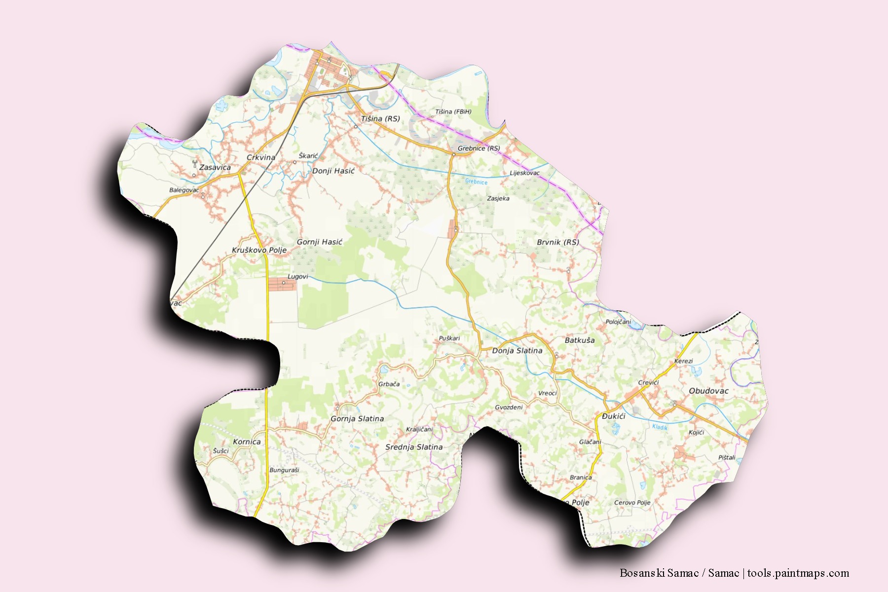 Mapa de barrios y pueblos de Bosanski Samac / Samac con efecto de sombra 3D