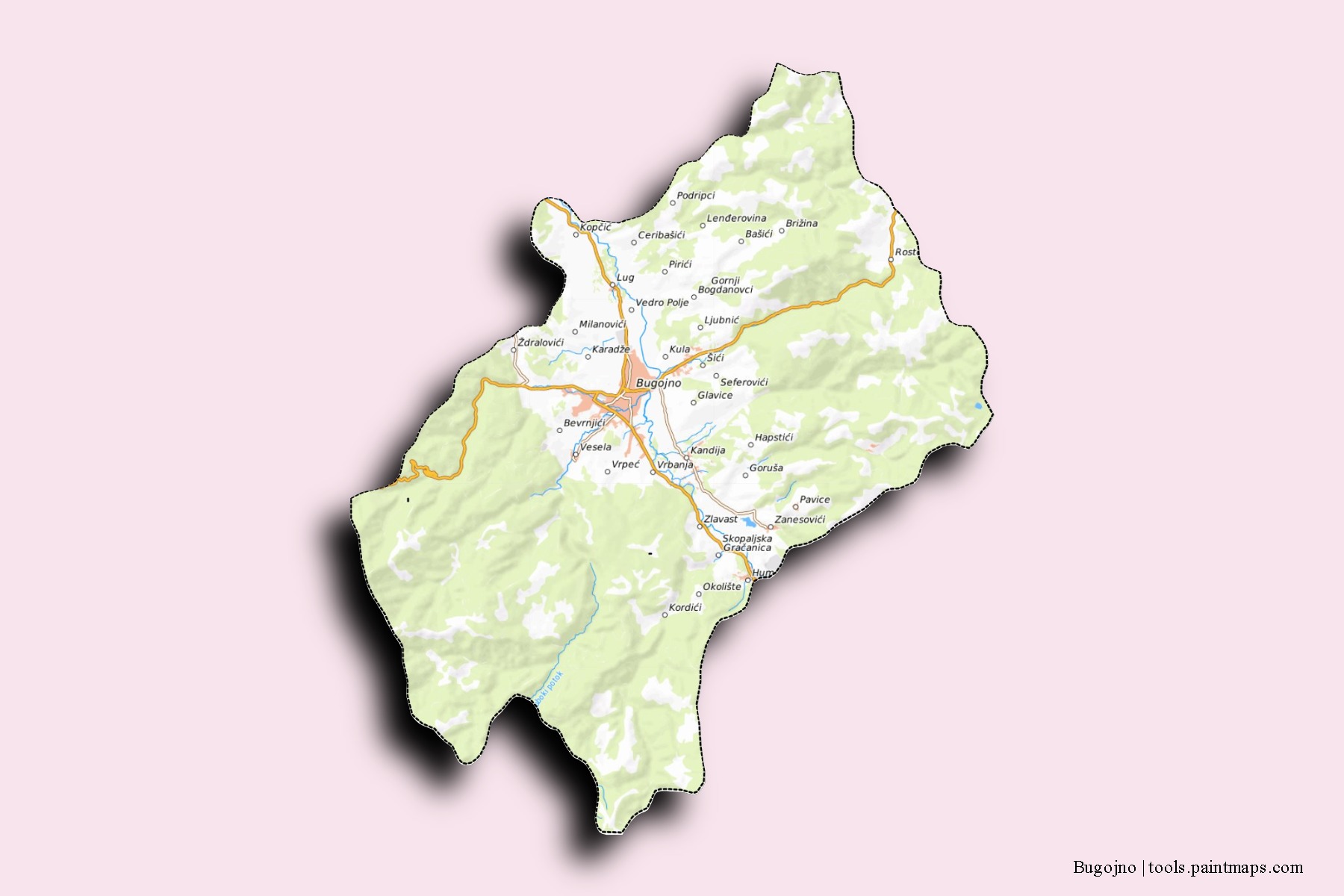 Mapa de barrios y pueblos de Bugojno con efecto de sombra 3D