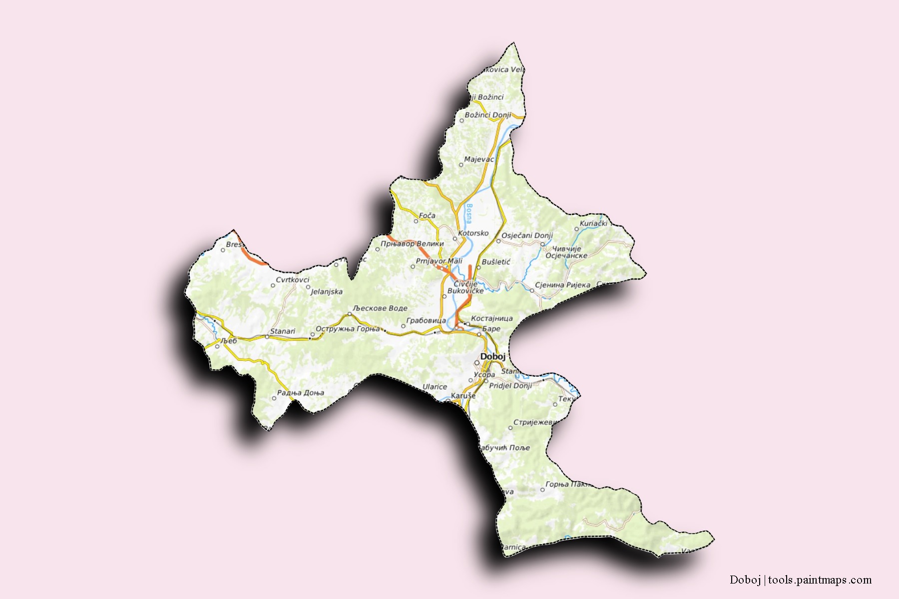 Doboj neighborhoods and villages map with 3D shadow effect